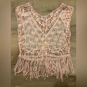 Boho Crochet Fringe Crop Top - Pale Pink